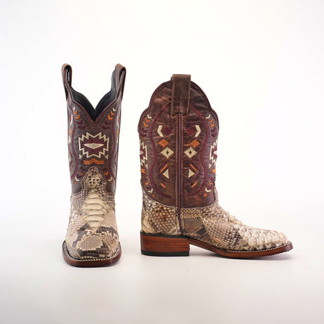 The Exotic Python Patchwork Natural Square Toe cowboy boots feature premium python leather with intricate geometric patterns in brown and red on the shafts, offering a natural square toe design with one boot facing forward and the other turned sideways for unique style.