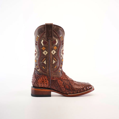 Explore our Exotic Python Patchwork Chocolate Square Toe cowboy boot, featuring a textured surface with intricate embroidery on the shaft. Its stylish square toe, low heel, and convenient pull tab are enhanced by luxurious python leather accents.