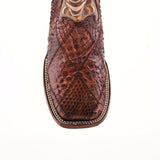 Front view of the Exotic Python Patchwork Chocolate Square Toe boot, showcasing intricate stitching and a scaly python leather pattern. Set against a plain white background, it highlights the detailed craftsmanship and unique design.