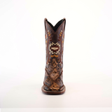 The Exotic Python Patchwork Brown Square Toe boot is crafted from luxurious python leather, featuring intricate stitch patterns and reptilian texture details on the toe and heel. This exotic masterpiece stands upright against a plain white background.