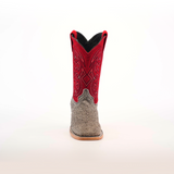 A single Cowhide Hair Pinto Square Toe boot features a gray textured foot and vibrant red shaft with intricate stitching. The stylish square toe design is complemented by a visible brown sole, all set against a plain white background.