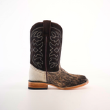 The Cowhide Hair Fawn Square Toe boot features a dark leather upper, intricate stitching, and a light-colored lower section. Crafted from cowhide hair with a rich fawn finish, it boasts a sturdy wooden heel and square toe, and is shown facing left against a plain white background.