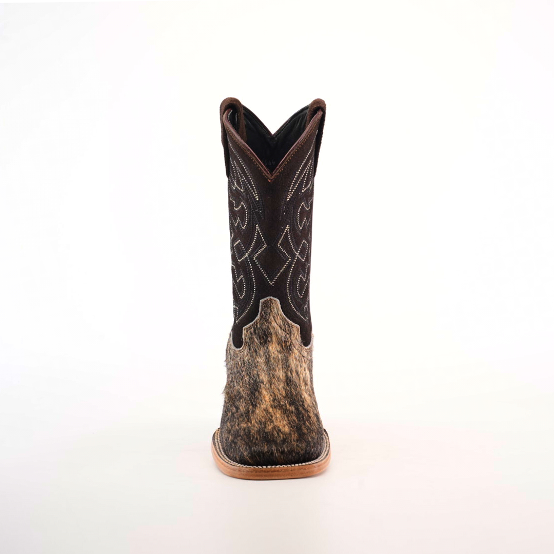 A single Cowhide Hair Fawn Square Toe cowboy boot features a brown leather upper with intricate stitching and a textured cowhide-like lower portion, all on a plain white background.