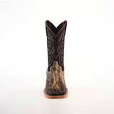 A single Cowhide Hair Fawn Square Toe cowboy boot features a brown leather upper with intricate stitching and a textured cowhide-like lower portion, all on a plain white background.