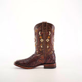 The Exotic American Alligator Patchwork Brown Square Toe boot features a single cowboy design with intricate stitching and a patterned elegance. The wide, flat heel adds allure against a plain white background, highlighting its craftsmanship.