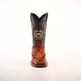 Front view of the Exotic American Alligator Patchwork Cogñac Square Toe boot, featuring a dark upper with colorful embroidery and a textured cognac-colored foot. The design highlights geometric patterns and intricate stitching, reminiscent of patchwork, elegantly centered on a light background.