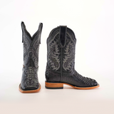 The Caiman Hornback Print Black Square Toe boots boast intricate stitching, a striking caiman hornback print on black leather, and a light brown leather sole. The premium materials are showcased with both side and front views against a plain white background.