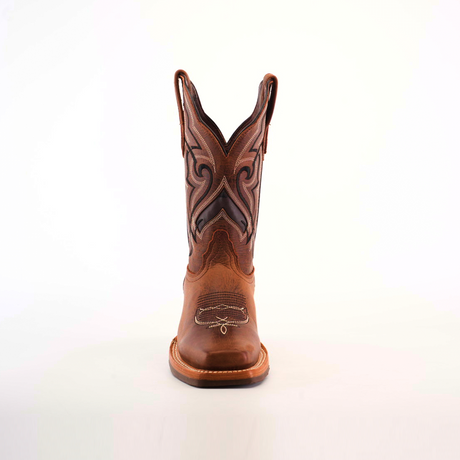 The Fresno Shedron Slip Resistant Sole Rodeo Toe cowboy boot features intricate stitching and pull tabs on both sides. Its showcased with a rodeo toe against a plain white background.