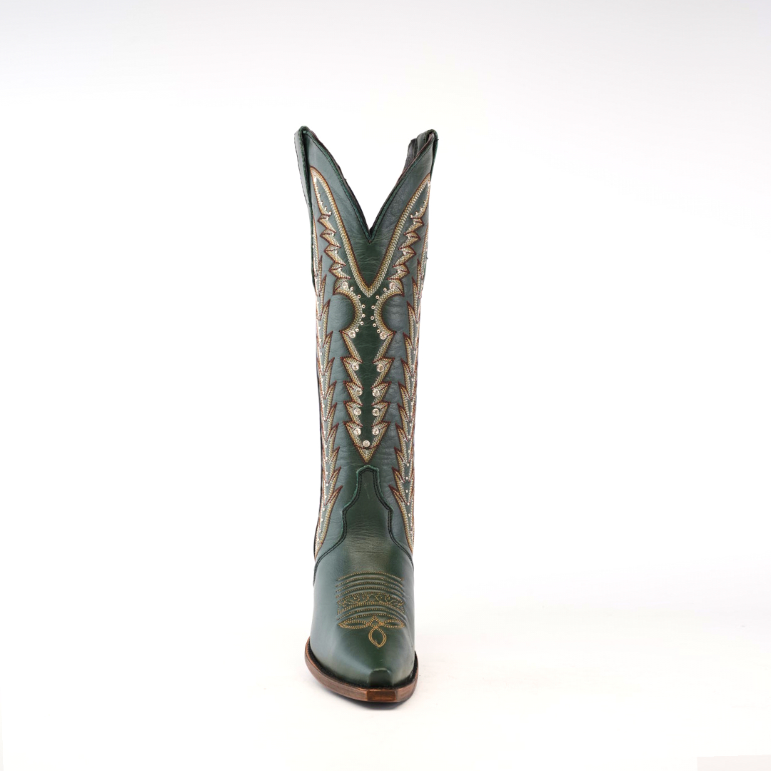 The Madona Forest Green boot is a handcrafted single cowboy boot made from premium leather, featuring a snip toe and tall shaft with intricate lighter color decorative patterns for a stylish, traditional look.