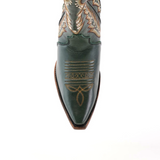 Introducing the Madona Forest Green cowboy boot with a tall shaft, crafted in premium leather and featuring intricate brown stitching on a white background. This handcrafted piece epitomizes style with its snip toe design, showcasing detailed patterns.