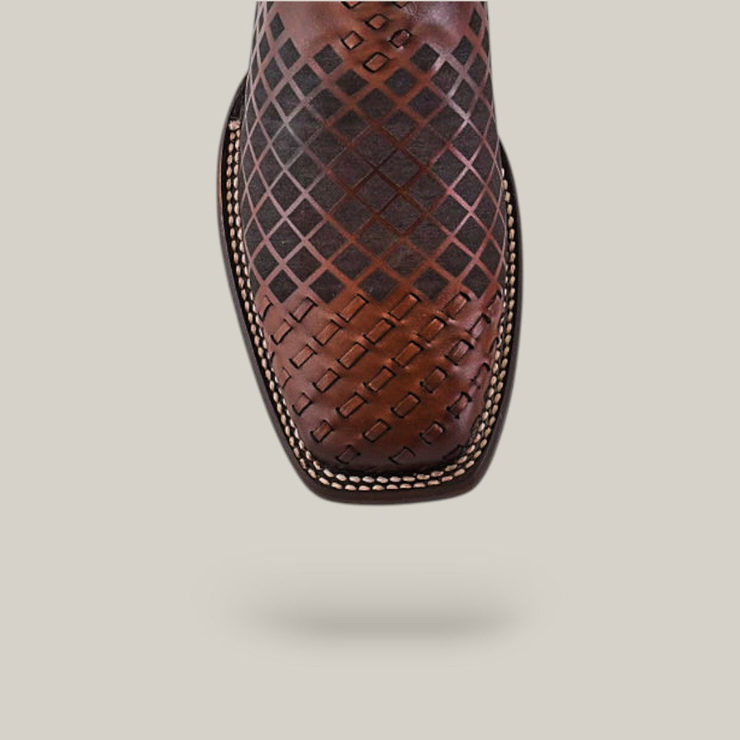 A close-up of the Over Honey Laser & Embroidery & Woven - Square Toe - CU500 shoe, showcasing a brown leather design with a diamond-shaped laser-cut pattern on the toe and intricate white stitching along the sole, all set against a plain light grey background.