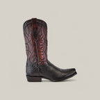 The Plunge Black Python Laser & Embroidery (CU607) is a single cowboy boot with a black python leather texture and brown upper, featuring decorative stitching. Cuadra is embossed on the side, while it has a narrow square toe and sleek black heel, highlighting exquisite craftsmanship.