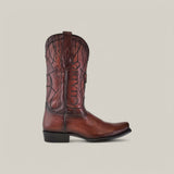 Brown Cuadra leather cowboy boot with intricate stitching, decorative shaft patterns, and CHARRO embossed on the side. The narrow square toe and black heel perfect this Over Chestnut Laser & Embroidery design against a light grey background.