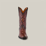 The Cuadra Over Chestnut Laser & Embroidery - Narrow Square Toe - CU347 boot in brown features intricate stitching and decorative patterns with a crescent moon design on the upper, centered on a neutral background.