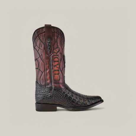 The Plunge Black Caiman Laser & Embroidery boot, CU422, features a dark red upper with a spiderweb pattern and a caiman leather foot. CHADDX is embossed on the side with laser-engraved designs. It includes a pointed toe and western heel for true western style.