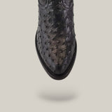 Close-up of CU554, a Black Ostrich Laser & Woven round toe black leather shoe, featuring a textured, dotted design. The shoe appears isolated against a light gray background.