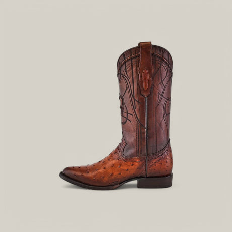 The Moroni Chestnut Ostrich Laser & Embroidery CU303 is a brown cowboy boot made from Ostrich leather, featuring unique craftsmanship with decorative stitching and textured details, a round toe, and low heel, all set against a plain light gray background.