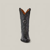 Viewed from the front against a plain beige background, the Black Deer Laser & Embroidery - Round Toe - CU682 boot is crafted in rich Black Deer Leather with intricate stitching and textured patterns. Near the top of the shaft, a laser-engraved emblem is visible.