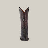 Front view of a single Black Ostrich Laser & Embroidery - Snip Toe - CU807 boot, featuring a decorative crescent moon on the shaft and detailed stitching. It has an elegant Black Ostrich Laser texture on the toe, set against a plain, light-colored background.