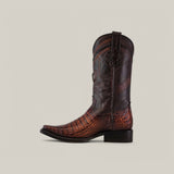 The Arauco Chocolate Caiman Laser & Woven cowboy boot (CU551) with intricate stitching and a narrow square toe is shown in side profile against a plain background.