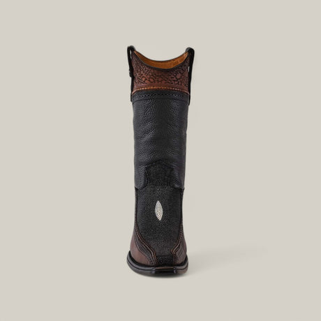 A Black Stingray Laser - Narrow Square Toe - CU628 boot, featuring an exotic leather lower and brown patterned upper, stands upright on a neutral background. The intricate laser-engraved design and detailed stitching are showcased from the back view.