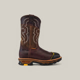 The Amazonas Chocolate Composite Toe - E6258 is a brown leather cowboy boot with intricate shaft stitching, a rounded black toe cap, and a durable rubber sole. It has a pull strap, a small heel logo, and is ideal for Texas Country Work Boots fans, set against a plain light gray background.