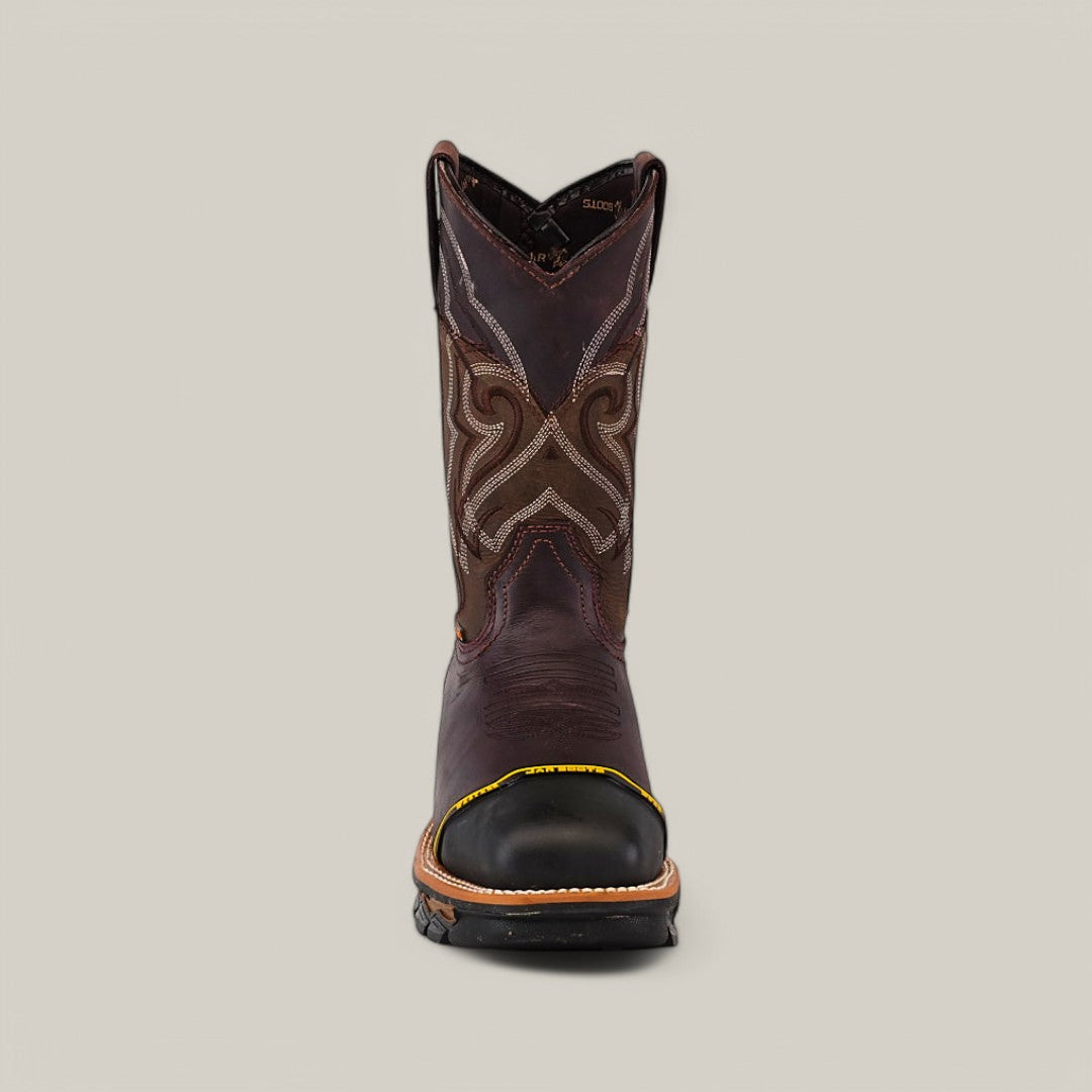 The Amazonas Chocolate Composite Toe - E6258 is a brown leather cowboy boot with intricate shaft stitching, reinforced black toe cap, and rugged sole for durability. Positioned against a plain beige background, its designed for those who value style and toughness in every step.