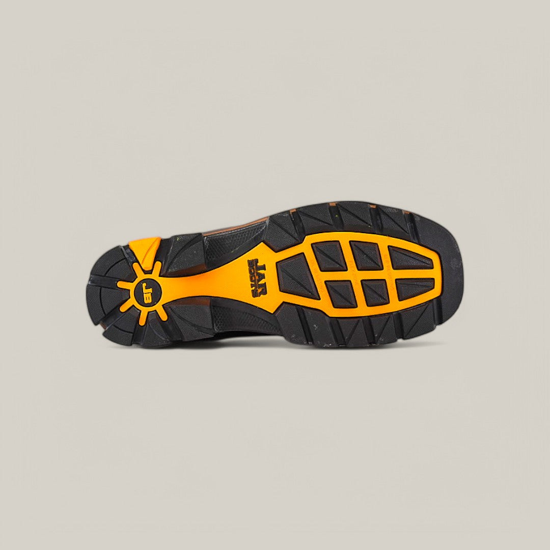 The Amazonas Chocolate Composite Toe - E6258 boot sole is displayed with a rugged tread pattern, large black grip sections, and an orange accent with a logo near the heel on a light gray background, emphasizing its robust design.