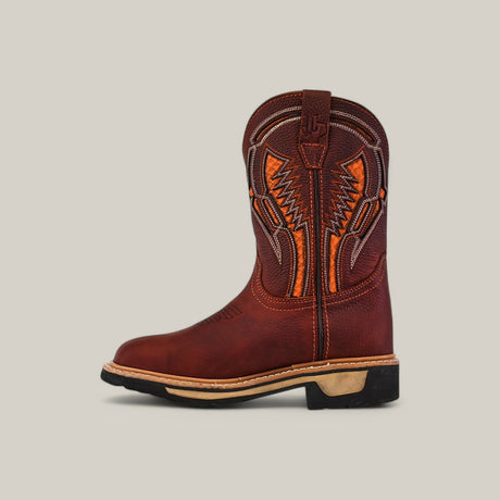 The Floter Shedron Soft Toe - E6987 by Texas Country Work Boots features a brown cowboy design with orange and black stitching on the shaft, a rounded toe, reinforced heel, beige and black outsole for durability, intricate patterns, and pull straps for stylish functionality.