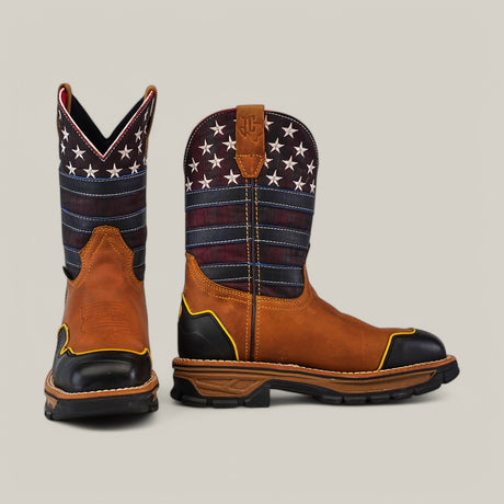 Explore the Crazy Honey Soft Toe - E6296 boots: brown cowboy boots with black reinforced toes and heels, adorned with an American flag. The durable sole ensures longevity, while distinct yellow stitching in key areas makes these boots both stylish and functional.