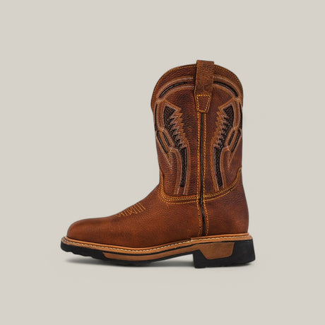 The Floter Honey Soft Toe - E6987 cowboy boot, in brown leather with decorative stitching, features a black sole, robust rounded toe design, and a pull tab for easy wear. This durable footwear is showcased against a plain backdrop and is reminiscent of Texas Country Work Boots.