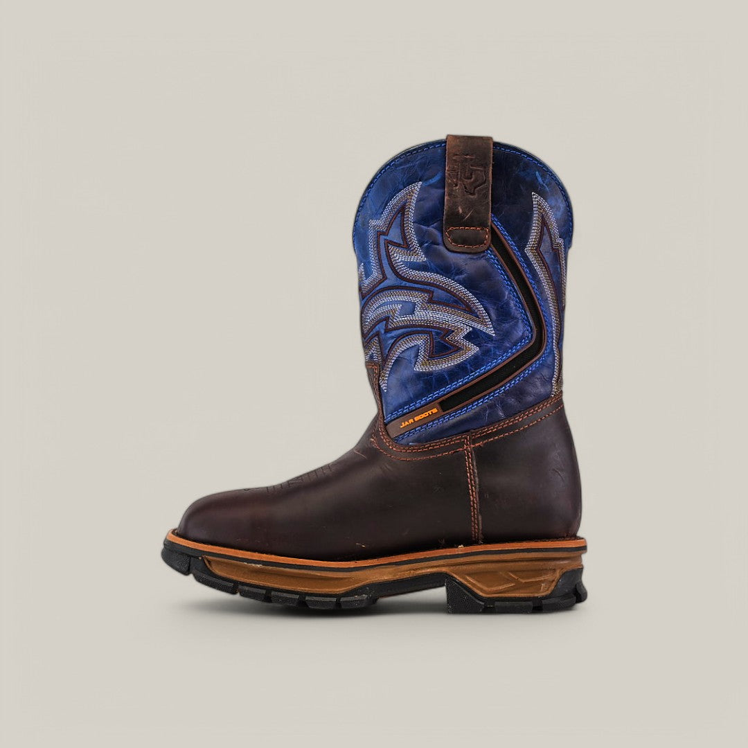 The Amazonas Brown Composite Toe - E6002 features a rugged sole, a blue-stitched shaft design, and a top pull tab. Ideal for style and reliability, this Texas Country Work Boot is elegantly displayed in side profile on a plain background.