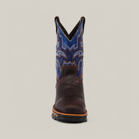 A single Amazonas Brown Composite Toe - E6002 boot features a brown leather foundation with a blue, intricately stitched upper. It has a rounded toe and durable black rubber sole, set against a plain light grey background.