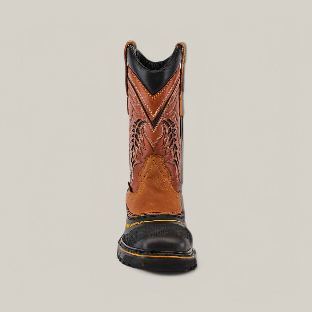 The Crazy Honey Composite Toe - E6048 features a black and brown cowboy boot with intricate stitching on the shaft, a rounded black toe, and sturdy soles, ideal for Texas Country Work Boots fans. Displayed against an off-white background, it is renowned for its durability.