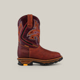 The Amazonas Cogñac Composite Toe - E6002 boots feature a brown leather cowboy design with a maroon upper, intricate orange and maroon stitching, and a sturdy black and tan sole with strong tread. They are built for durability and have a small logo emblem on the heel.