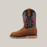 The Crazy Tang Composite Toe - E6015 is a brown cowboy boot with a thick sole and decorative stitching. It features a black shaft with red flame embroidery, pull tabs, and white seam stitching, evoking classic Texas Country Work Boots.