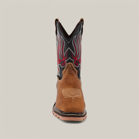 The Crazy Tang Composite Toe - E6015 is a cowboy boot featuring a brown leather foot and high black shaft with red and white flame-like stitching, set against a beige background. Its rugged sole ensures style and durability.