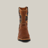 The Crazy Brown Military Soft Toe - E6017 is a durable brown leather cowboy boot with camouflage shaft accents, pull straps, and decorative stitching, displayed from the front against a light gray background.