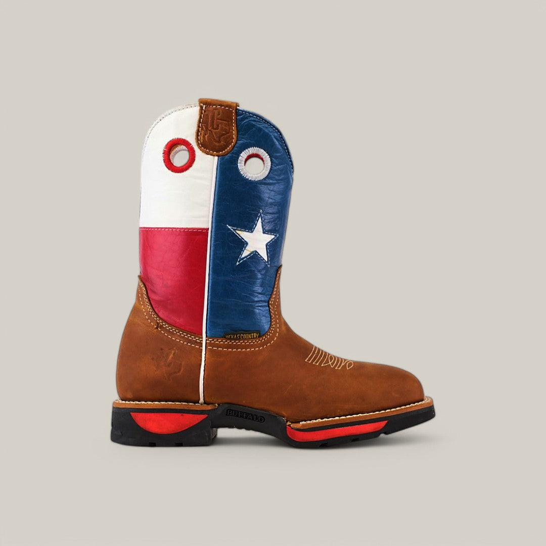 Introducing the Texas Honey Soft Toe - E6082 boots: designed for durability, these cowboy boots feature a brown lower section and a shaft with the blue, white star, and red Texas flag design. They include decorative stitching and rugged black and red soles for lasting wear.