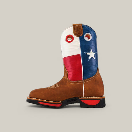 Introducing the Texas Honey Soft Toe - E6082: a stylish cowboy boot with Texas flag colors. It features a durable brown lower section, red and white uppers, a striking blue area with a white star, a brown pull loop, and a black sole with red accents against a plain background.