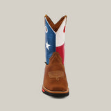 Discover the Texas Honey Composite Toe - E6082 boots, combining style and durability with a brown foot, Texas flag-inspired shaft, detailed stitching, and waterproof design. They feature a black sole with a red heel accent.