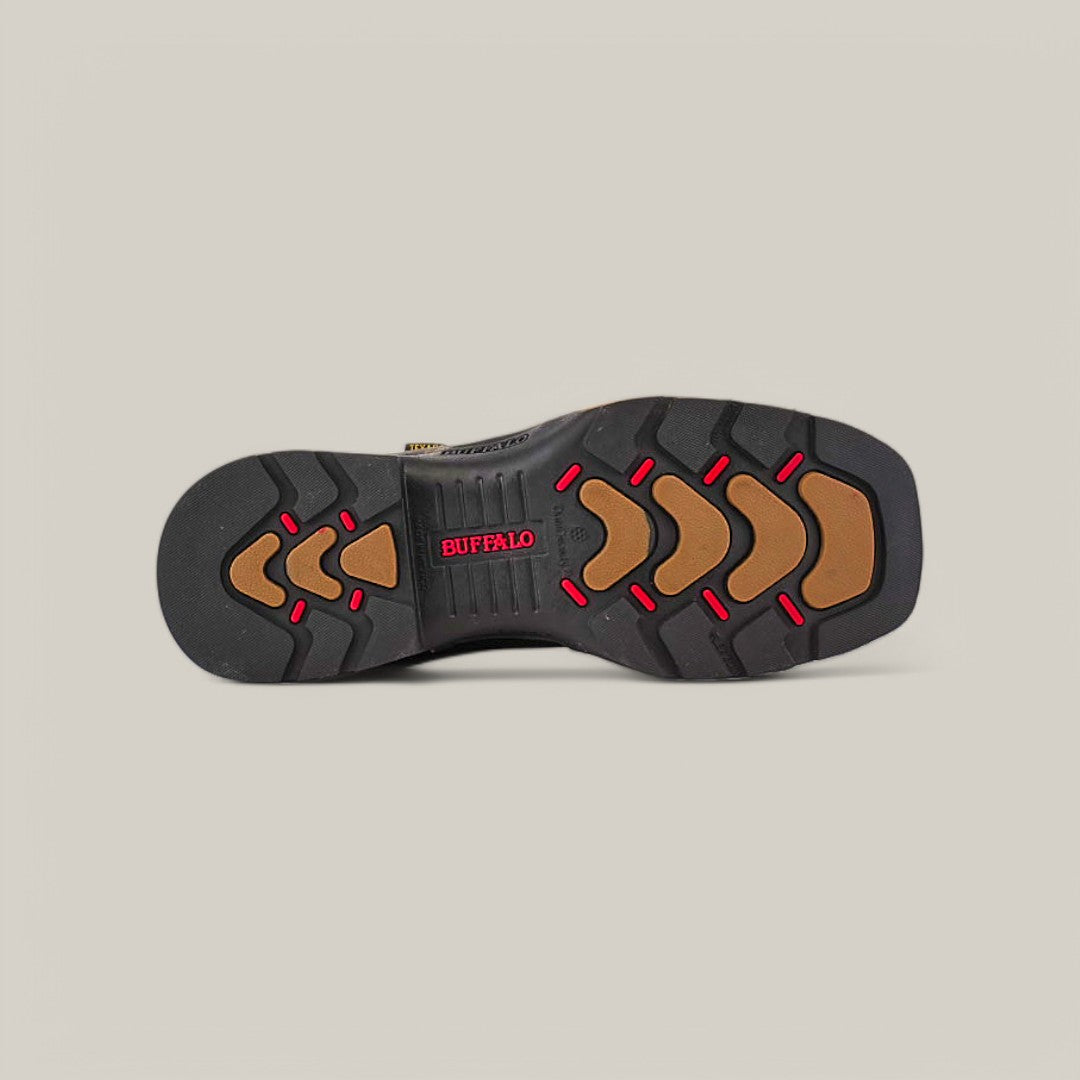 The Rhino Black Composite Toe - E6087 features a shoe sole with a black base, red triangular accents, and brown arrow-shaped grips. BUFFALO is printed at the center in red, enhanced by geometric traction patterns against a plain light gray backdrop, perfect for Texas Country Work Boots.