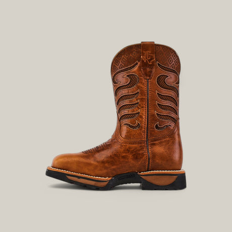 The Crater Honey Composite Toe - E6087 is a durable Texas Country Work Boot with decorative stitching, a rounded toe, and a light sole with a dark, slightly raised heel. Ideal for rugged ventures, it is displayed against a plain, neutral background.