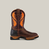 The Jurasic Brown Soft Toe - E6089 is a durable, stylish brown cowboy boot made from textured leather, featuring flame-like orange stitching on the shaft and black heel accents. Designed with a square toe and thick sole, these waterproof boots are perfect for rugged adventures.