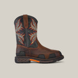 The Overdrive Brown Wide - Square Toe - 10053644 boots are cowboy boots with intricate red, orange, and beige stitching. They feature reinforced toes and heels, a pull tab, a brand logo, and a rugged sole with striking orange accents.