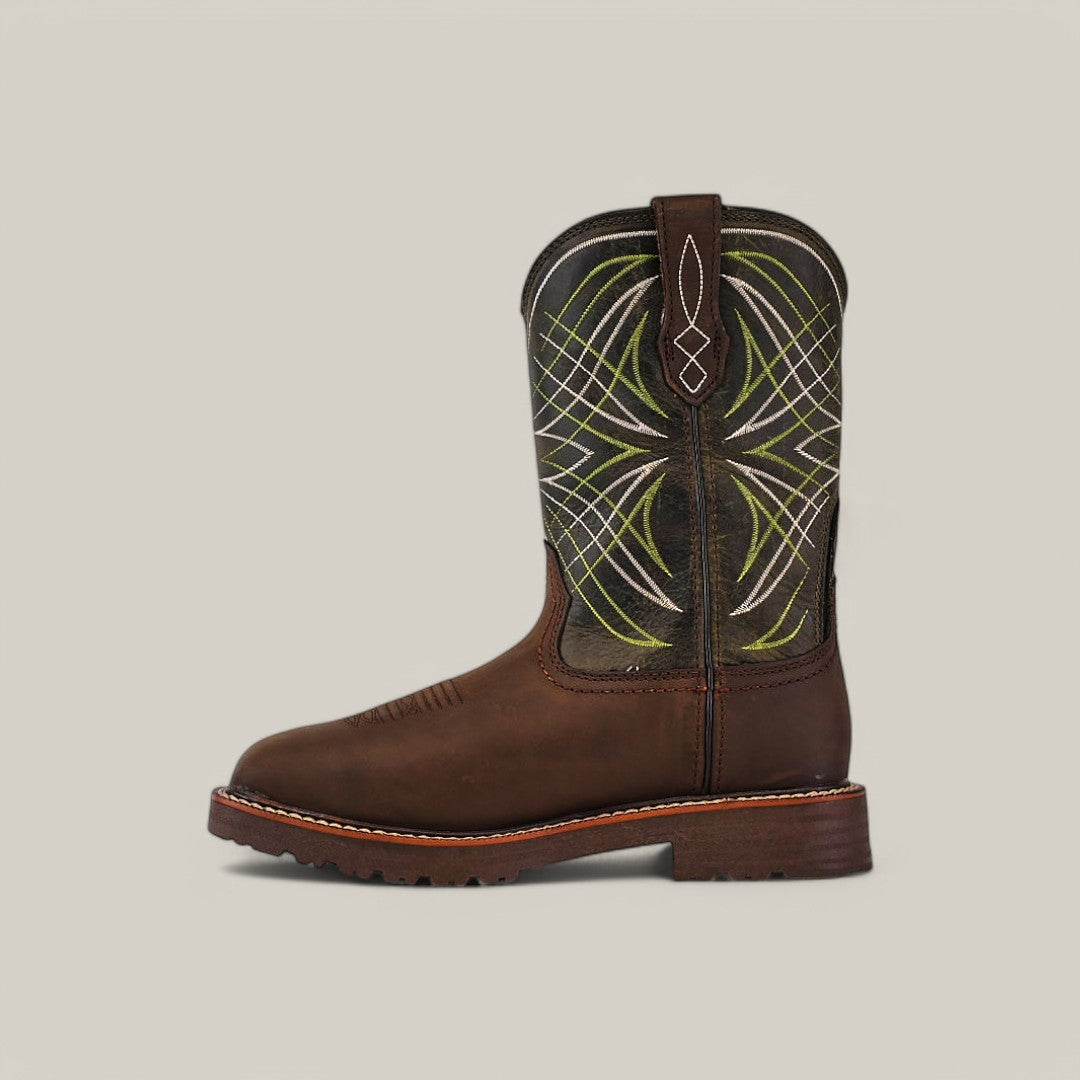 The Activator H2O Drk Brow cowboy boot (10060894) features neon green and white stitching on a brown shaft against a light gray backdrop. It has Ariat Activator H2O waterproof construction, a rounded toe, dark brown sole, and a pull tab for easy wear.