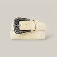 A rolled Exotic Full Quilt Ostrich - Texas Buckle - Bone Belt features a textured bone leather with a detailed black ornamental Texas buckle, set against a plain neutral background.