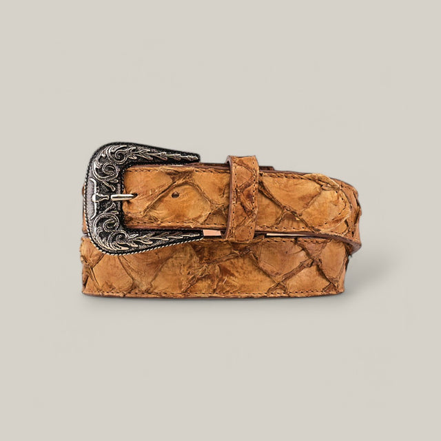 A fawn Exotic Full Quilt Pirarucu Fish belt, rolled up with a textured surface, features an ornate engraved silver Texas buckle and matching loop against a plain light gray background.