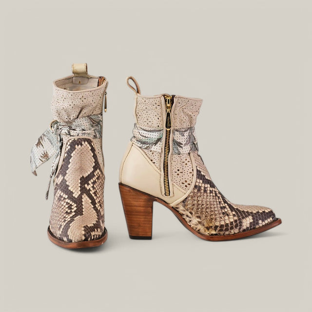 The Plunge Natural Python Zipper & Cut Out - Round Toe - CU570 features stylish beige and brown python design cowboy boots with a chunky wooden heel, round toe, and decorative ankle fabric against a light background.