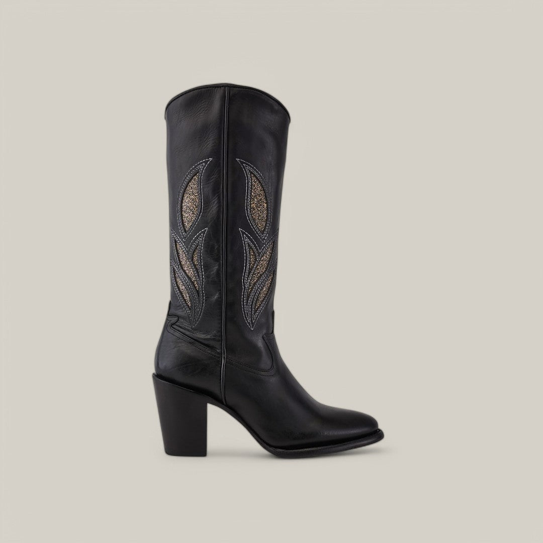 Black Embroidery - Round Toe - CU874: Black high-heeled cowboy boot with a decorated shaft showcasing gold and silver stitching, black embroidery, and set against a light gray background.